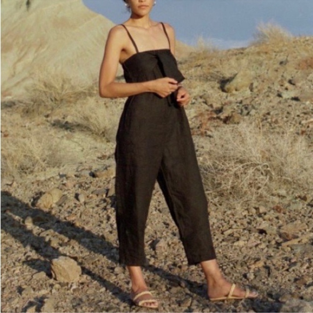 OZMA Black Linen Strap Jumpsuit with Front Tie